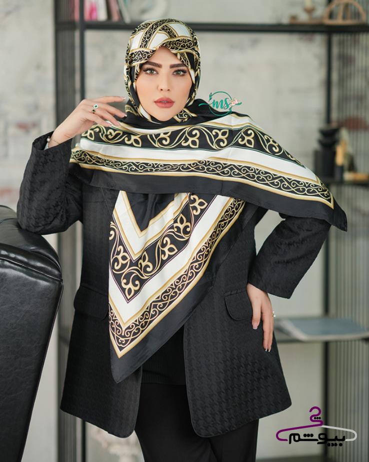 روسری ابریشم ژاکارد اکر طرح کلاسیک رنگ مشکی طلایی